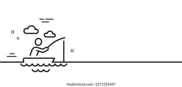 Boat fishing line icon. Fisherman with rod sign. Catching fish symbol. Minimal line illustration background. Boat fishing line icon pattern banner. White web template concept. Vector