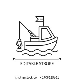 Boat fishing linear icon. Commercial fishing. Fresh sea food. License for fishing from boat. Thin line customizable illustration. Contour symbol. Vector isolated outline drawing. Editable stroke