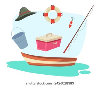 Boat with fishing rod, bucket, float, fishers hat and other equipment and tools for fishing. Vector illustration. Outdoor activity, summer recreation, hobby concept