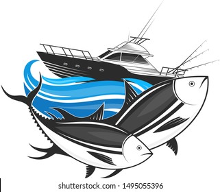 Boat with fishing rods and two tuna on the waves