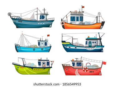 Boat, fishing ship or fisher trawler, vector sea fish catch vessel. Fishing boat or fisherman commercial fishery cargo with net and lure hook, seafood jigger and fish trawl boat, flat icons set