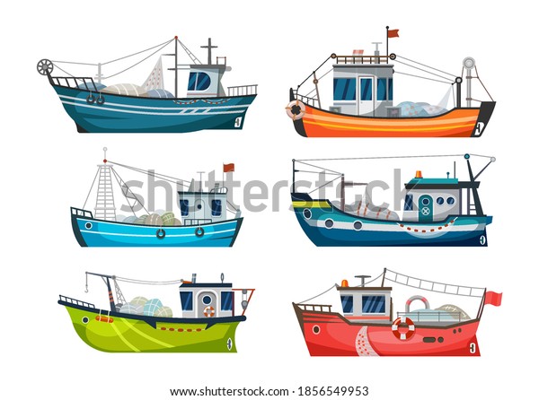 Boat, fishing ship or fisher trawler, vector sea fish\
catch vessel. Fishing boat or fisherman commercial fishery cargo\
with net and lure hook, seafood jigger and fish trawl boat, flat\
icons set
