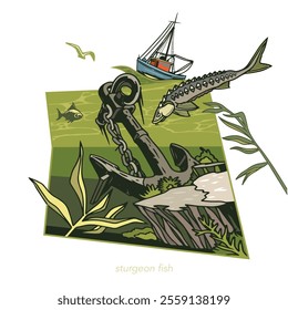 Boat fishing sturgeon fish vector clipart