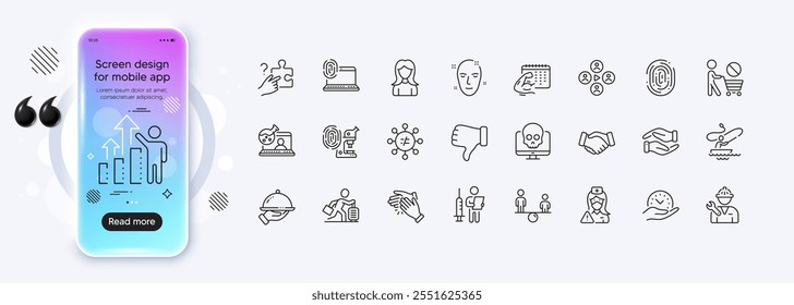 Boat fishing, Video conference and Vaccination announcement line icons for web app. Phone mockup gradient screen. Pack of Woman, Health skin, Online chemistry pictogram icons. Vector