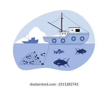 Barco para a pesca, água, azul, estilo semilifro, ilustração vetorial.