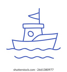 Barco con bandera en las olas del mar en estilo de arte de línea azul marino. Icono marino dibujado a mano. Ilustración aislada de Vector de contorno. 