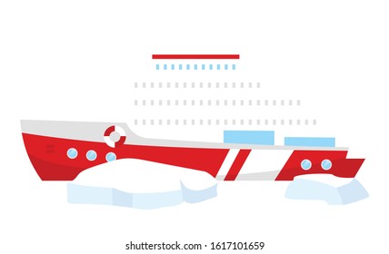 Boat flat color vector illustration. Icebreaker with ice blocks. Nautical transport. Marine vessel for north expedition. Maritime transmit. Ship isolated cartoon object on white background