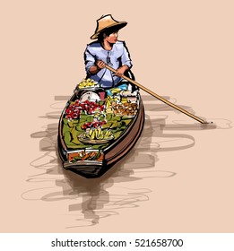 Boat in a floating market in Thailand - vector illustration