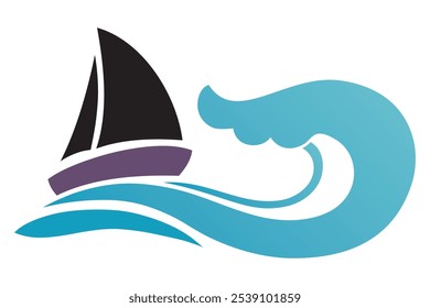 Barco flotando sobre grandes olas. Ilustración vectorial.