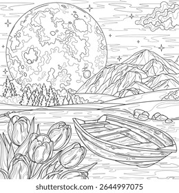A boat floating on the lake,tulips and the full moon.Coloring book antistress for children and adults. Illustration isolated on white background. Hand draw