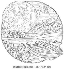 Un bateau flottant sur le lac, des tulipes et la pleine lune dans un cadre rond.Livre de coloriage antistress pour enfants et adultes. Illustration isolée sur fond blanc. Tirage à la main