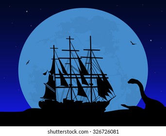 Boat floating on the ocean and dinosaur silhouette on beautiful night , vector illustration