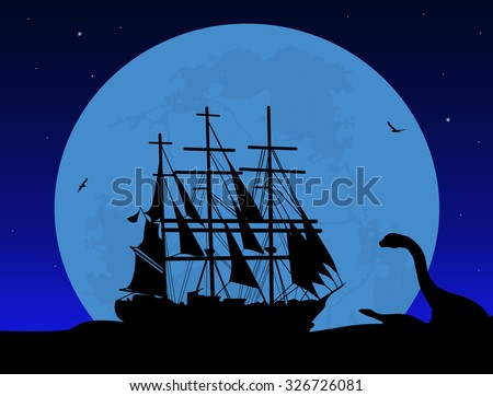 Boat floating on the ocean and dinosaur silhouette on beautiful night , vector illustration