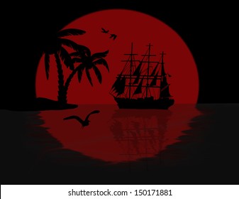 Boat floating on the ocean in front of a very big red full moon by night