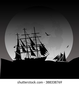 Boat floating on the ocean in front of a very big full moon by grey night, vector illustration