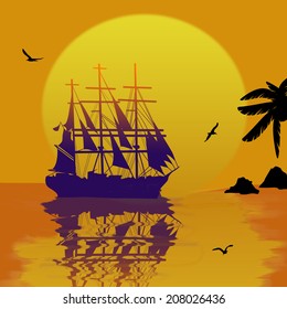 Boat floating on the ocean with reflection by sunset, vector illustration