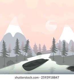 A boat floating on a river in a mountain valley.