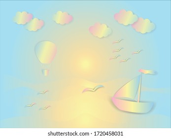 boat floating on the sea at dawn - vector illustration, eps