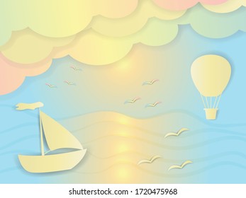 boat floating on the sea at dawn - vector illustration, eps