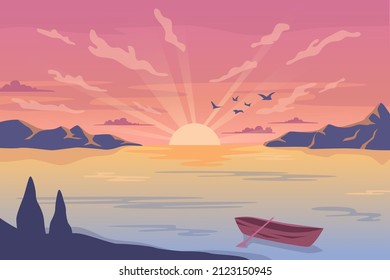 Boat floating on sea or ocean, seascape at dawn or dusk. Vector natural landscape with rocks and mountains, pink sky from sunrise and sunset. Beach tropical summer vacation and rest. Flat cartoon