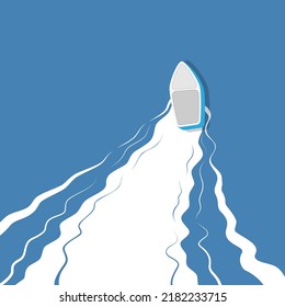 A boat floating on the water. Vector illustration of a boat leaving a trail on smooth water. Sketch for creativity.