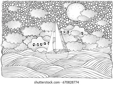 The Boat floating on the waves. Night, moon,waves, boat, sea, art background.  Hand-drawn doodle vector. Zentangle style. Vector pattern for adult coloring book. Black and white.