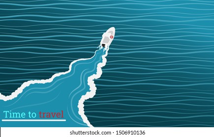Boat floating in the sunset or sunrise. Vacation on cruise yacht, summer activities, romantic journey creative flat cartoon vector illustration for web and print. 