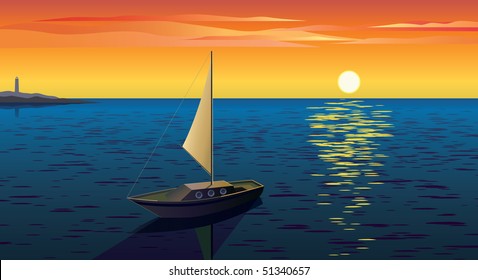 The boat floats in the bay at sunset