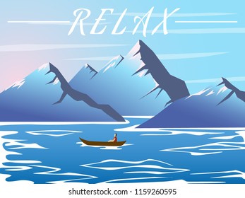 The boat floats on the mountain lake. Flat style. Vector.
