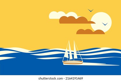 The boat floats on the sea against the backdrop of the sun. Summer seascape.