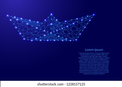 Boat folded paper origami  from futuristic polygonal blue lines and glowing stars for banner, poster, greeting card. Vector illustration.