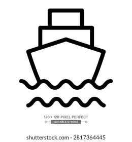 Boat Front View Icon - Ship Bow on Water Waves Vector Line Illustration