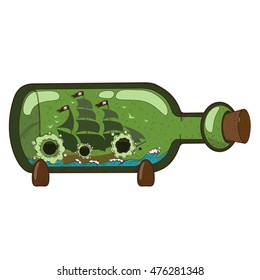 Boat with a glass bottle. Illustration on the pirate theme.