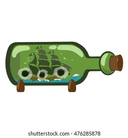 Boat with a glass bottle. Illustration on the pirate theme.