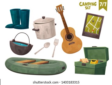 Boat guitar navigator box cauldron pan rubber boots camping set vector