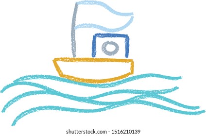 boat hand drawn crayon doodle kids illustration of a sailor boat 