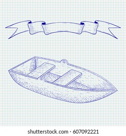 Boat. Hand drawn sketch. Vector illustration on notebook sheet background