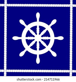 Boat helm - symbol. White rudder isolated on navy blue background with rope frame. Silhouette shape design, retro vector art image illustration of water wheel in eps10