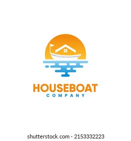 Boat House And Sunset On The Sea For Beach Vacation Resort Logo