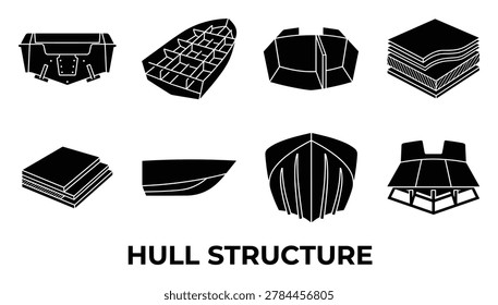 Boat hull structure elements: fiberglass layup, gelcoat layers, chine profile, strakes, stringer grid, bulkheads, transom reinforcement.