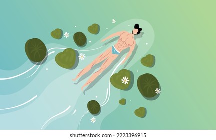 boat and human swim in lily lake illustration vector design background for natural pond lake illustration design