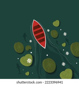 boat and human swim in lily lake illustration vector design background for natural pond lake illustration design