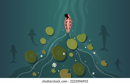 boat and human swim in lily lake illustration vector design background for natural pond lake illustration design