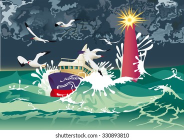 Boat in hurricane and black clouds