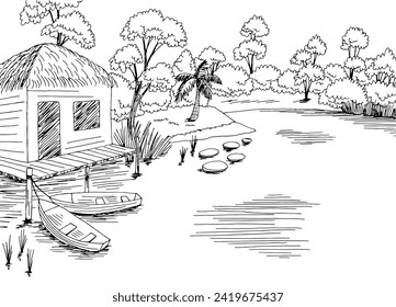 Boat at a hut in the jungle graphic black white landscape sketch illustration vector