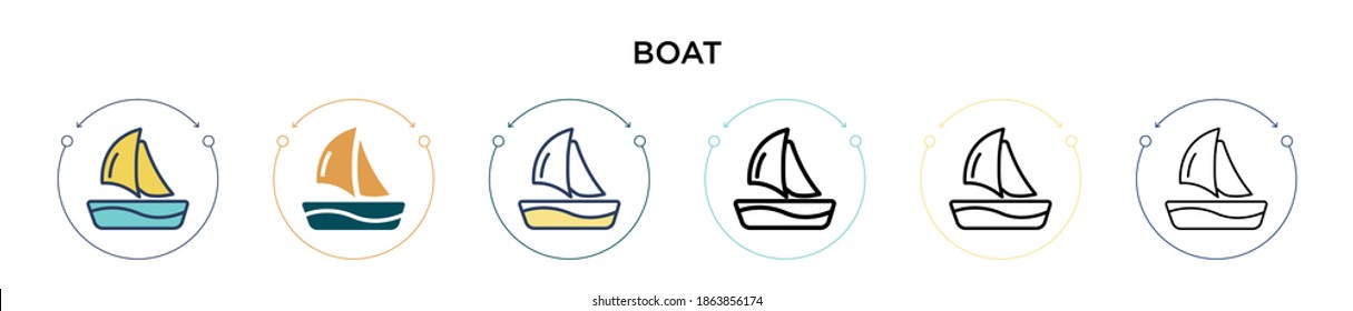 Boat icon in filled, thin line, outline and stroke style. Vector illustration of two colored and black boat vector icons designs can be used for mobile, ui, web