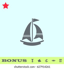 Boat icon flat. Grey pictogram on blue background. Vector illustration symbol and bonus buttons medal, cow, earth, eye, calculator