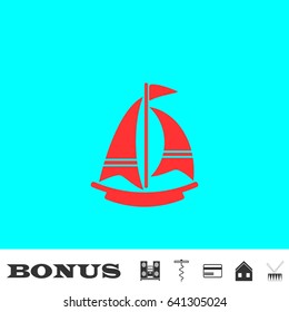 Boat icon flat. Red pictogram on blue background. Vector illustration symbol and bonus buttons Music center, corkscrew, credit card, house, drum