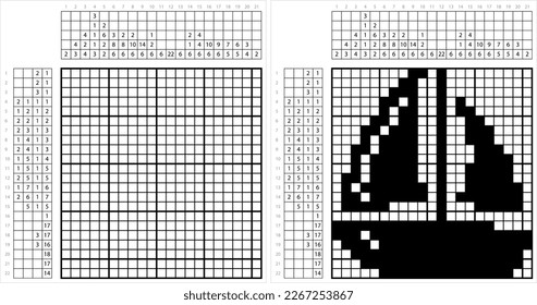 Boat Icon Nonogram Pixel Art, Boat On Water Icon Vector Art Illustration, Logic Puzzle Game Griddlers, Pic-A-Pix Picture Paint By Numbers