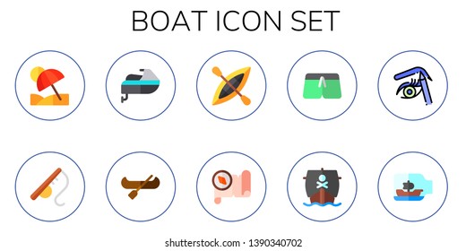 boat icon set. 10 flat boat icons.  Simple modern icons about  - vacation, fishing rod, jet ski, canoe, kayak, treasure map, swimsuit, ship, liner, ship in a bottle